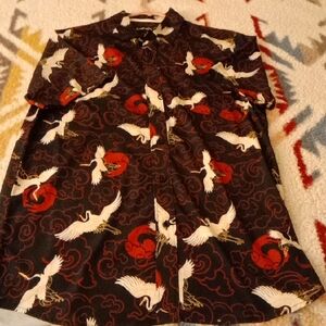 Men's Casual Button Down Shirt - Black and Red Crane Design